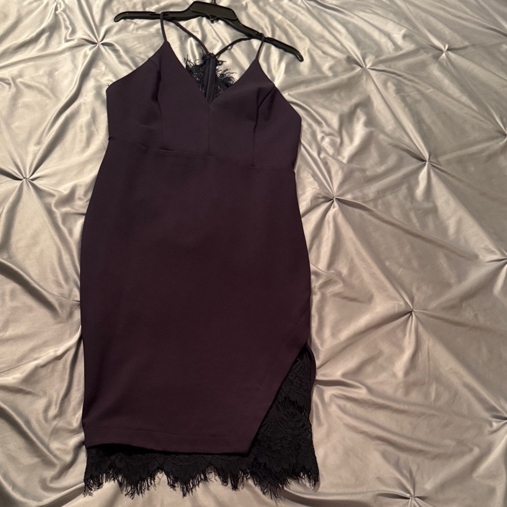 Astr Spaghetti Strap Dress in Deep Navy Blue with Lace Back and Lace Hem